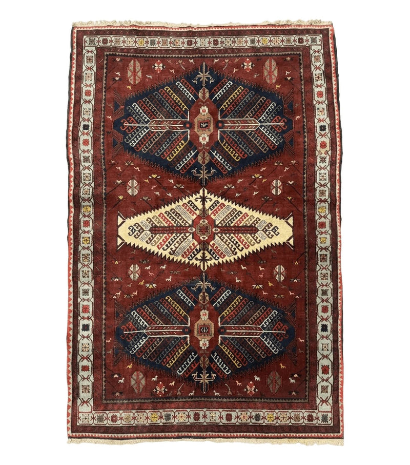 Antique Persian Tribal Rug 5 x 7.8, Triple Medallions, Red, Persian Afshar Rug by Jewel Rugs