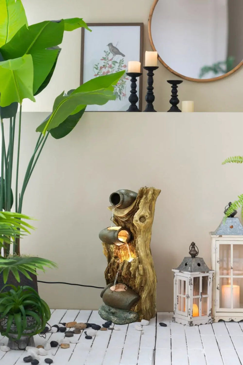 Decorative 3 Tier Tree Trunk Fountain With Lights And Pump - Brown by Unique Piece Furniture