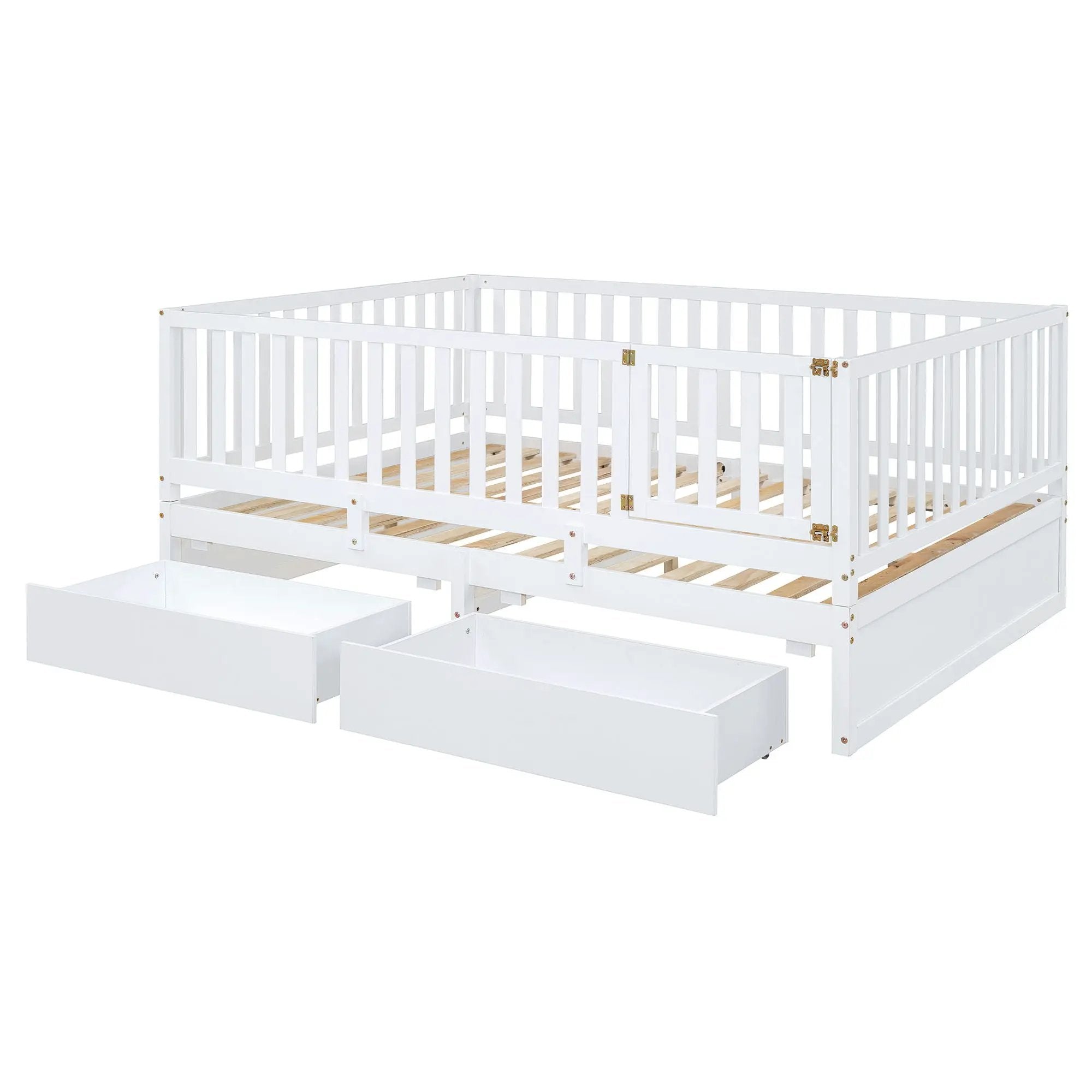 Daybed With Fence Guardrails And 2 Drawers, Split Into Independent Floor Bed & Daybed by HouseOfZazla