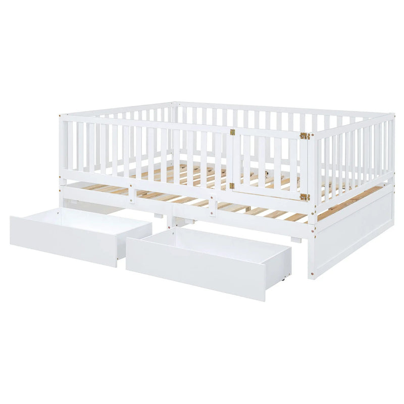 Daybed With Fence Guardrails And 2 Drawers, Split Into Independent Floor Bed & Daybed by HouseOfZazla
