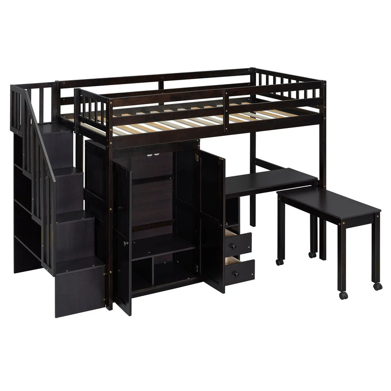 Loft Bed With Stairs, Bookshelf, Drawers, Desk & Wardrobe, Space Saving Multifunctional Furniture by HouseOfZazla