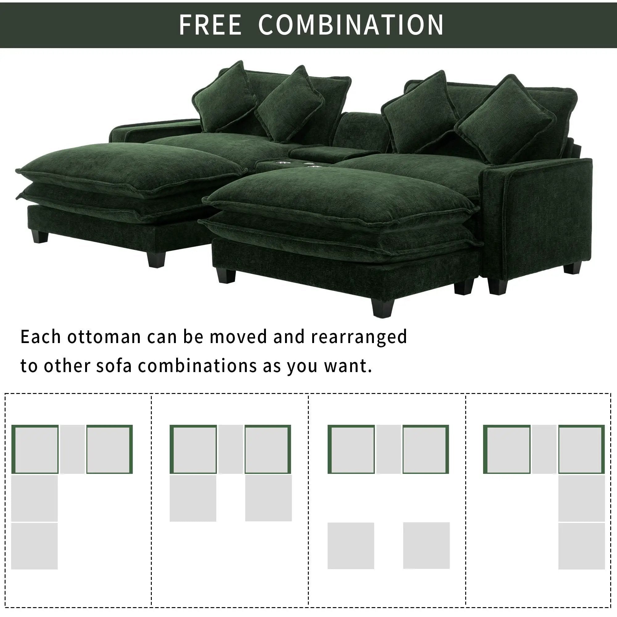 Sectional Sofa Upholstered Sofa With Two Removable Ottoman, Two USB Ports, Two Cup Holders And Large Storage Box For Living Room by HouseOfZazla