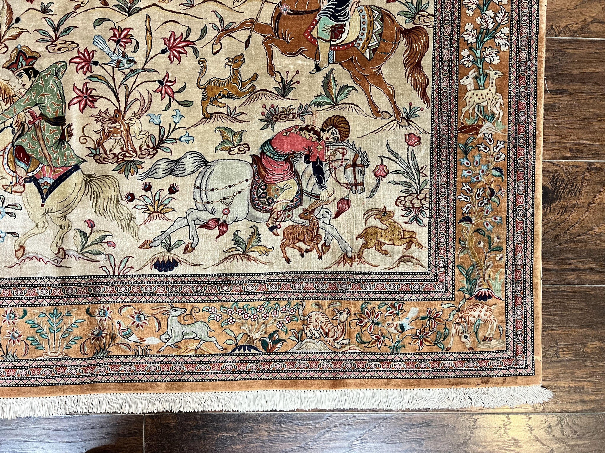 Silk Persian Qum Rug 3x5, Hunting Pattern, Handmade Vintage Carpet, Signed by Master Weaver, Horsemen Pictorials, Super Fine 650 KPSI by Jewel Rugs