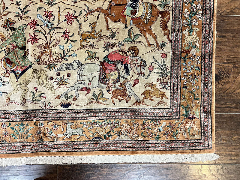 Silk Persian Qum Rug 3x5, Hunting Pattern, Handmade Vintage Carpet, Signed by Master Weaver, Horsemen Pictorials, Super Fine 650 KPSI by Jewel Rugs