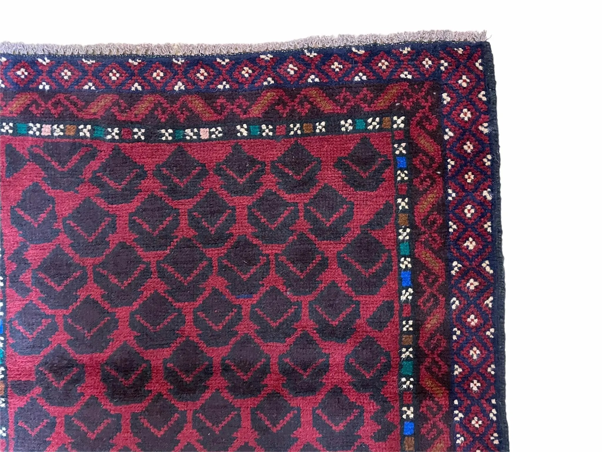 2' 8" X 4' 6" Vintage Handmade Tribal Wool Rug Balouchi Rug Afghan Rug Red Blue by Jewel Rugs
