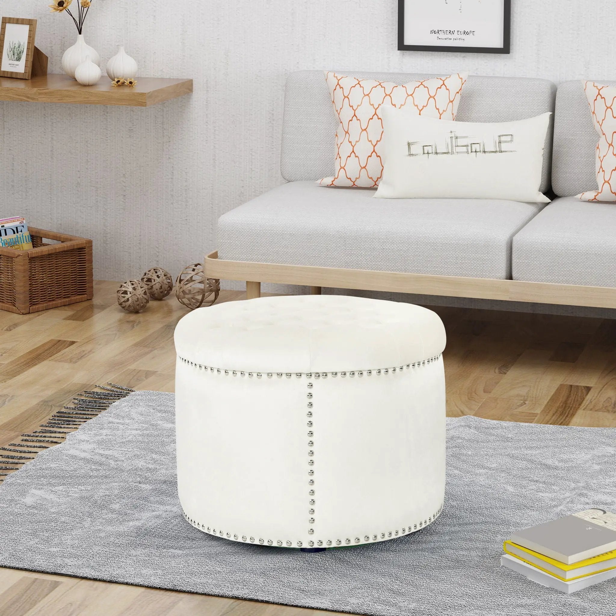 Elegant Round Ottoman Footstool With Studded Rim by HouseOfZazla
