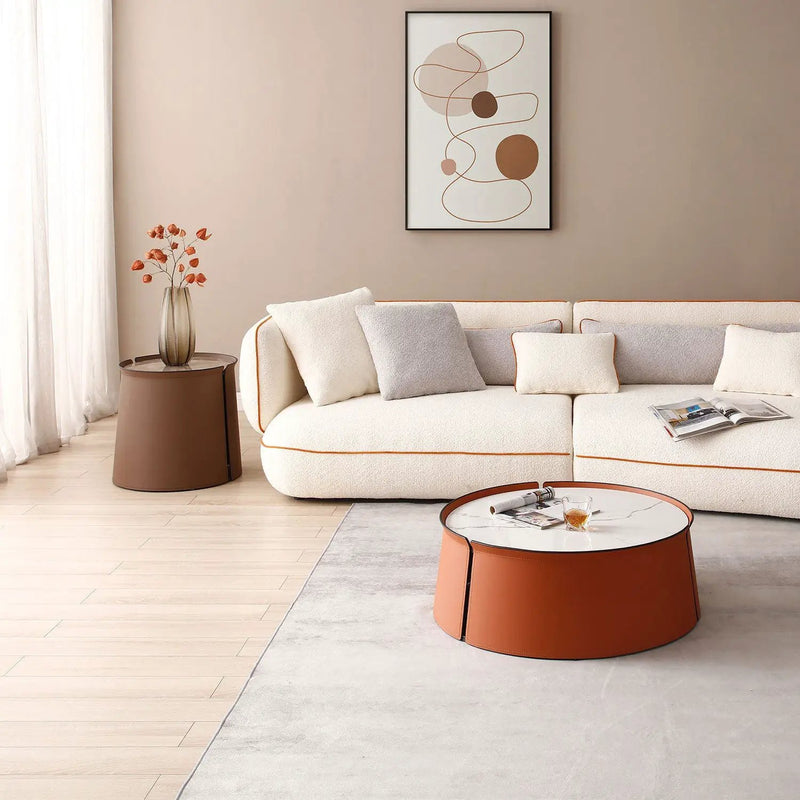 31.5" Coffee Table, Marble Top and Orange Saddle Leather Body by BLAKHOM