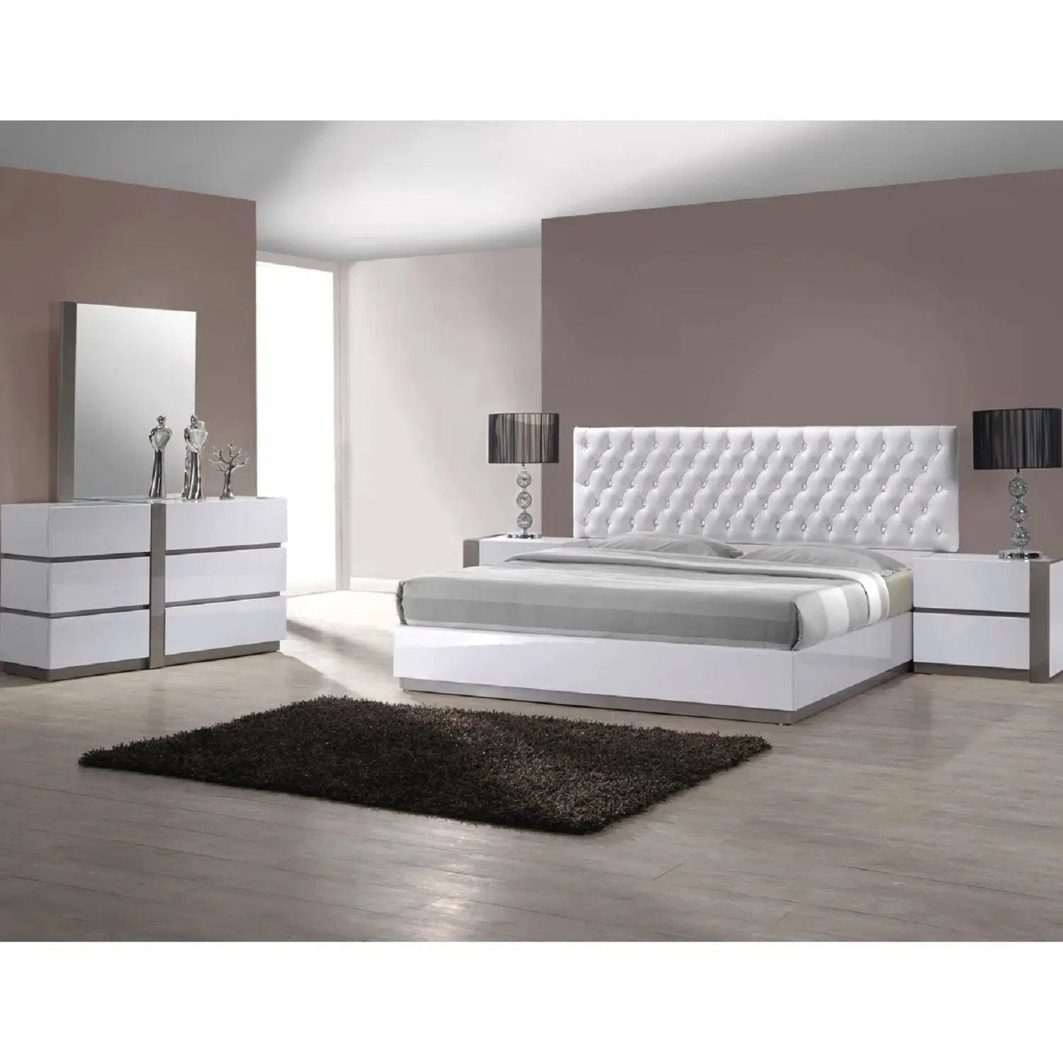Nightstand Bedside Table With 2 Drawer For Bedroom - White / Silver