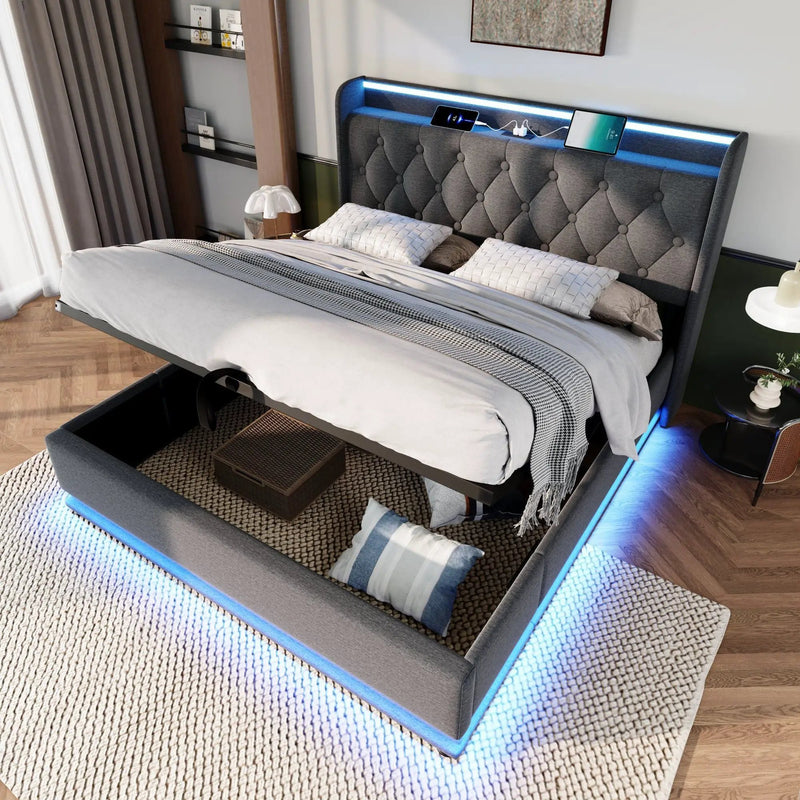 Upholstered Bed, 360 Surround LED Function, Remote Control, Hydraulic Storage Bed With USB, Type-C Charging (Without Mattress) by HouseOfZazla