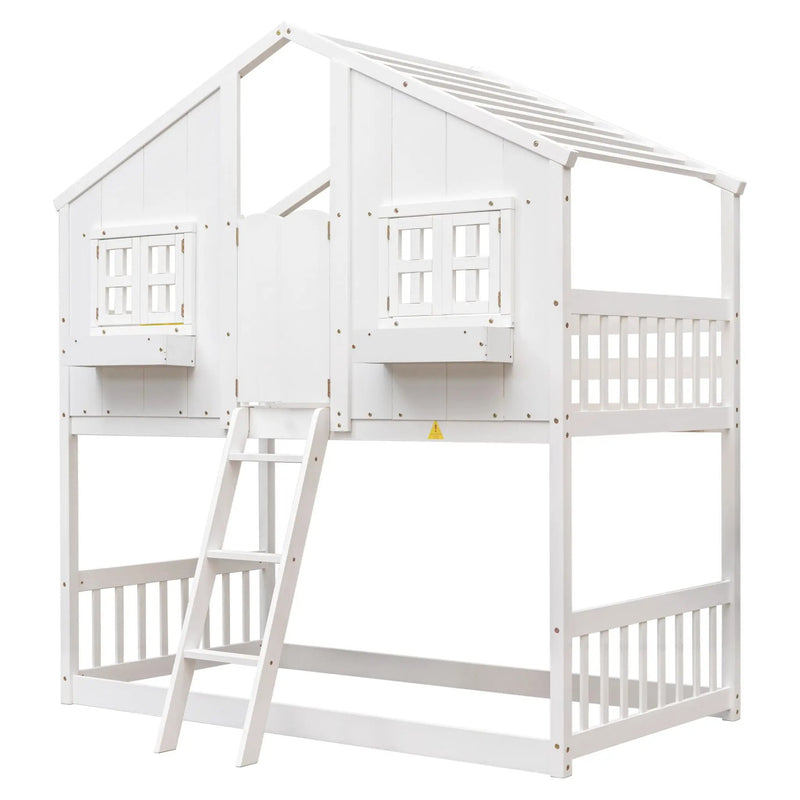 House Bunk Bed With Roof, Window, Window Box, Door, With Safety Guardrails And Ladder by HouseOfZazla
