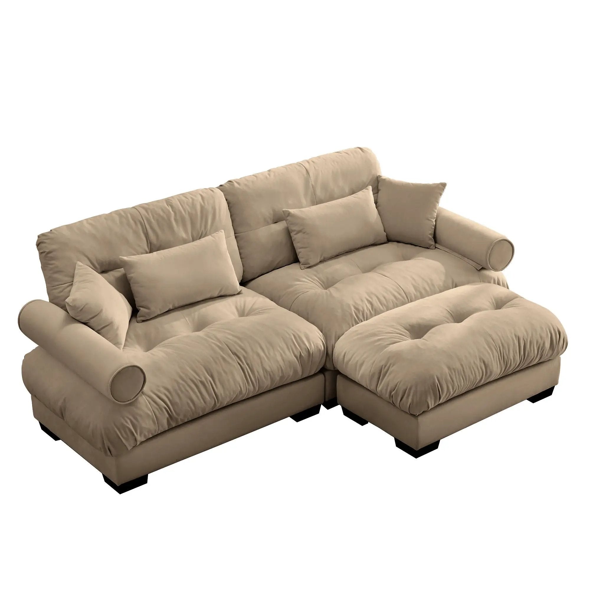 Modern Sectional Sofa With Ottoman, Round Bolster Armrests, Waist And Throw Pillows by HouseOfZazla