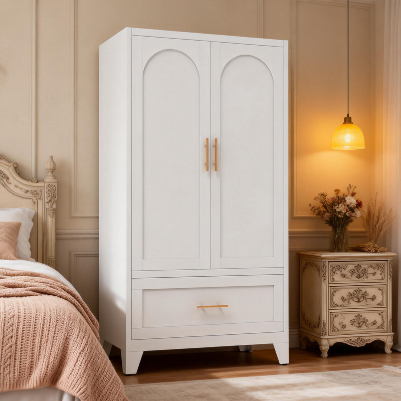 60" Tall Metal Wardrobe Cabinet with Drawer and Hanging Rod by HouseOfZazla