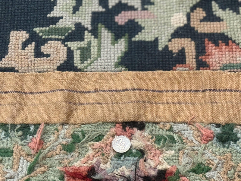 Vintage American Needlepoint Rug 4x6, Dark Green, Wool, Handmade, Flatweave Carpet by Jewel Rugs