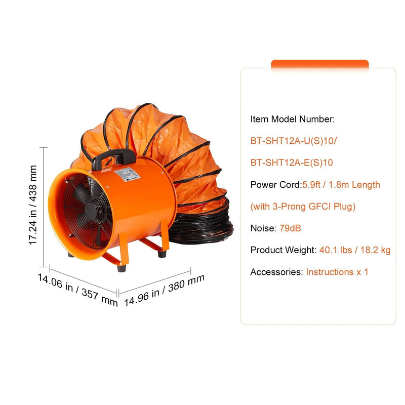 Portable Ventilator, 12 Inch Heavy Duty Cylinder Fan with 33ft Duct Hose by HouseOfZazla