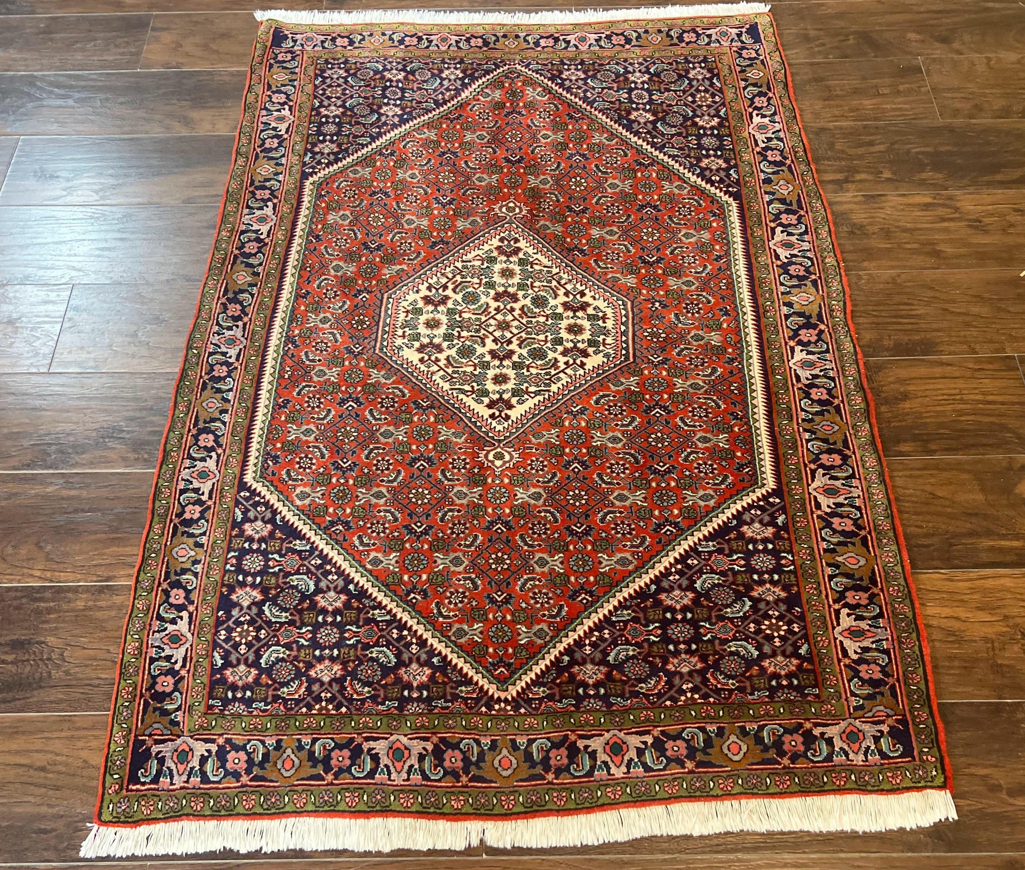 Persian Bidjar Rug 4x5, Finely Hand Knotted Vintage Carpet, Red and Navy Blue, Handmade Wool Rug, 180 KPSI by Jewel Rugs
