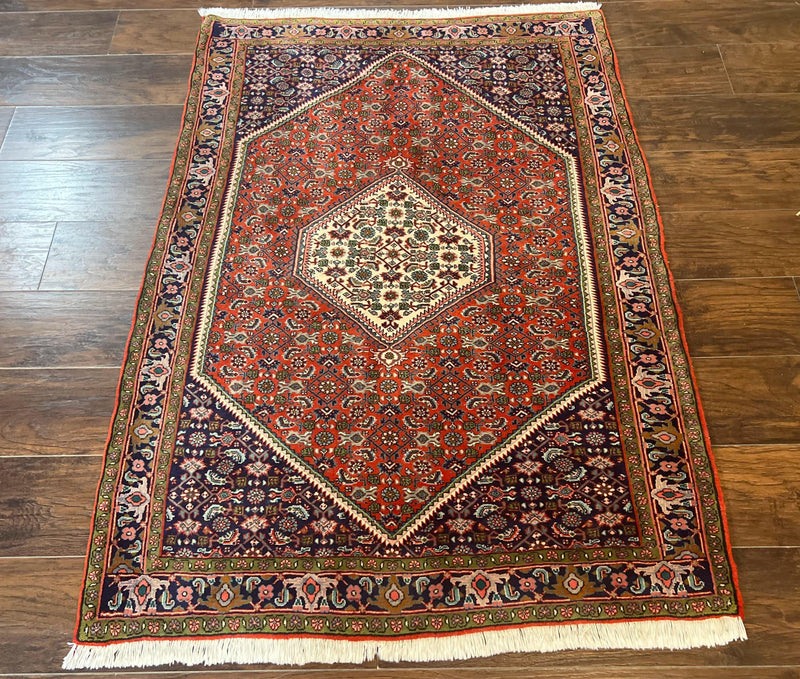 Persian Bidjar Rug 4x5, Finely Hand Knotted Vintage Carpet, Red and Navy Blue, Handmade Wool Rug, 180 KPSI by Jewel Rugs