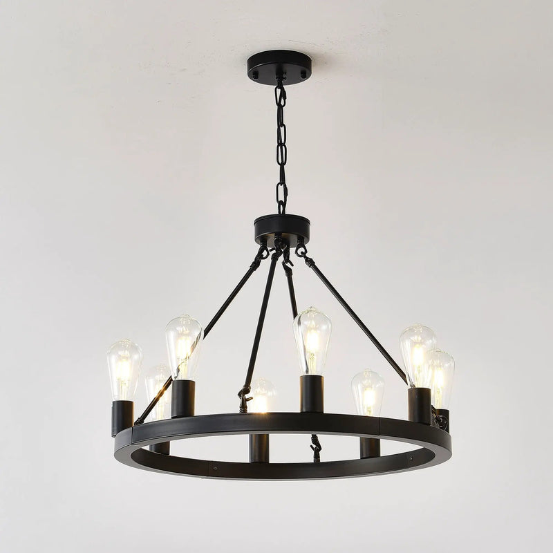 6 Light (No Bulbs) Wagon Wheel Chandelier Farmhouse Modern Small Round Chandelier For Living Room Kitchen Island Foyer Hallway Entryway Bedroom Dining Room Light Fixture Ceiling Hanging - Matte Black by HouseOfZazla