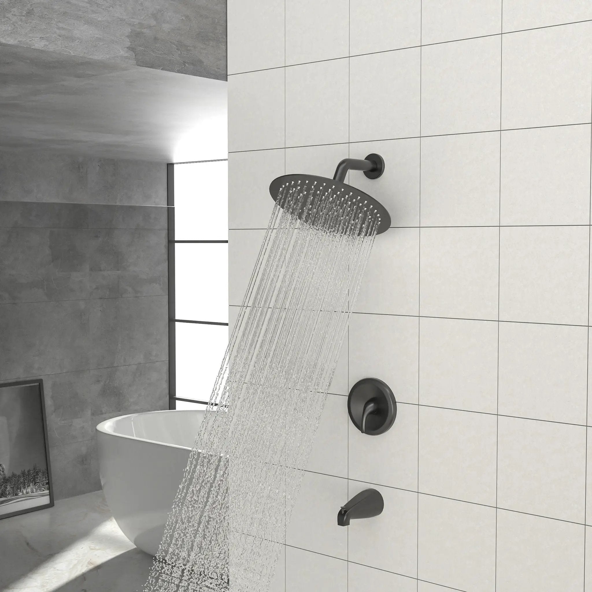10" Round Rain Shower Head System With Waterfall Tub Spout, Wall Mounted, Stainless Steel by HouseOfZazla