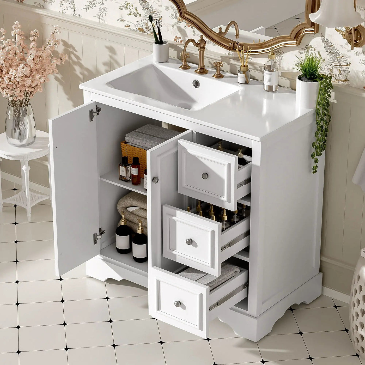 Bathroom Vanity With Sink, Soft-Close Doors, Adjustable U-Shelf, 3 Drawers by HouseOfZazla