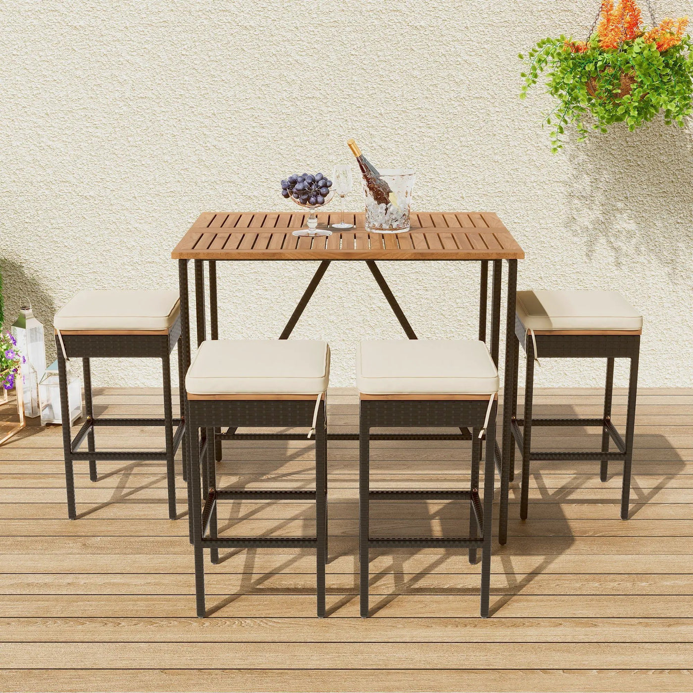Outdoor Acacia Wood Bar Height Table and Eight Stools with Cushions by HouseOfZazla