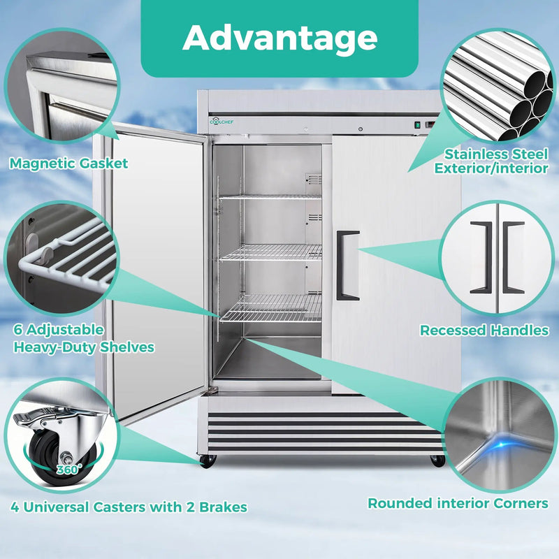 54" Commercial Refrigerator 49 Cu.Ft Stainless Steel 2 Door Reach-In Fridge by HouseOfZazla