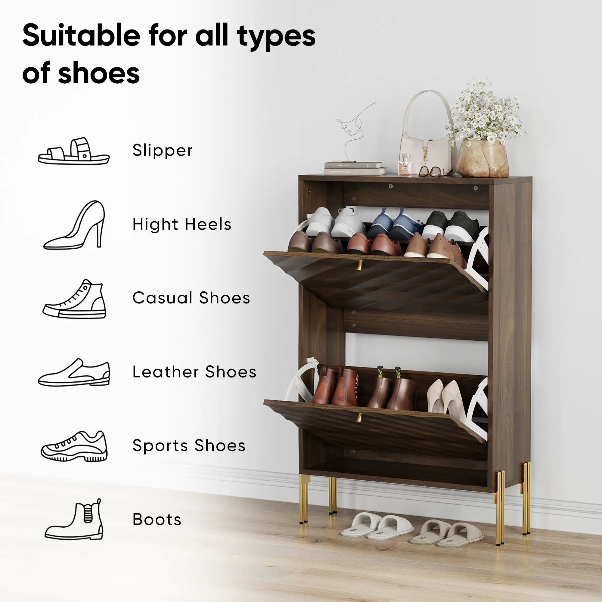 Shoe Cabinet, Freestanding Organizer For Entryway - Walnut by HouseOfZazla