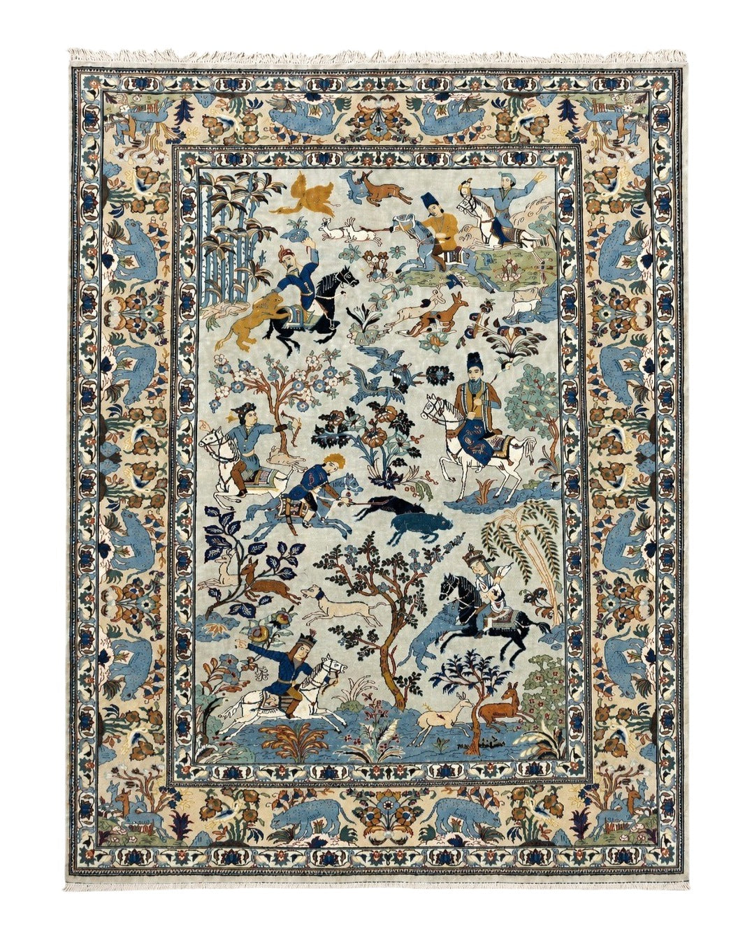 Persian Kashan Pictorial Rug 4.6 x 7, Hunting Scene, Signed by Masterweaver, Animal Pictorials, Rare, Handmade, Wool, Vintage, Very Fine by Jewel Rugs
