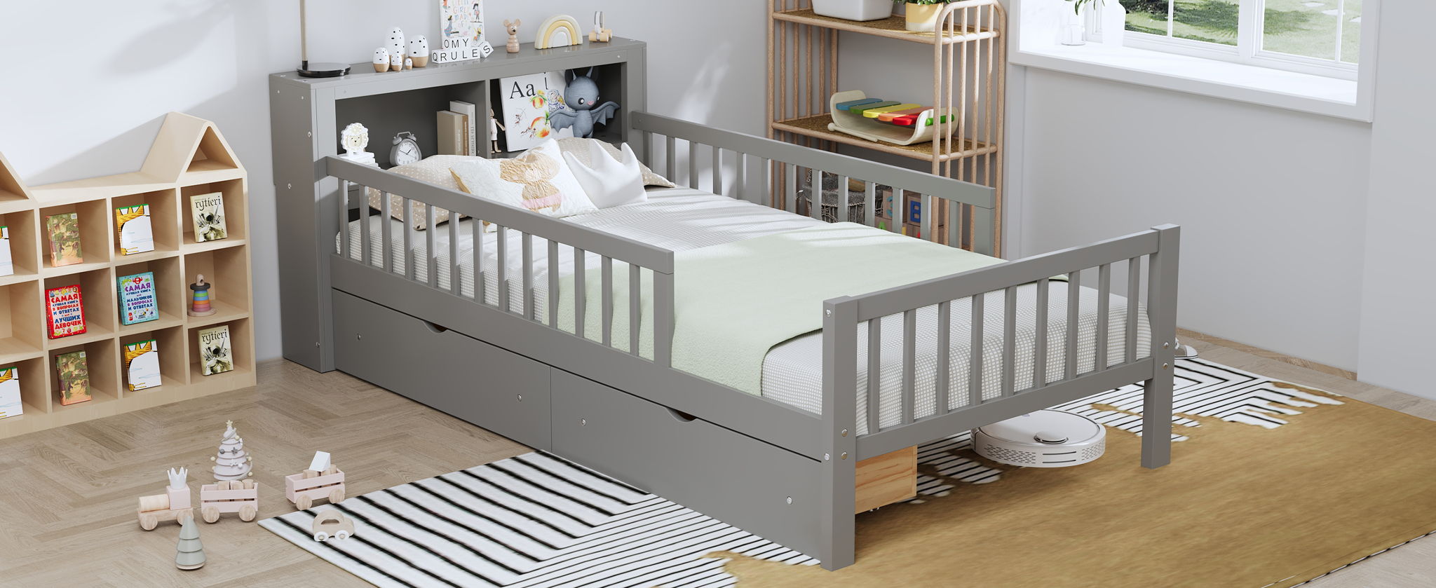 Bed With Headboard Storage Rack, 2 Under Bed Drawers, 3 Side Guardrails For Safety by HouseOfZazla