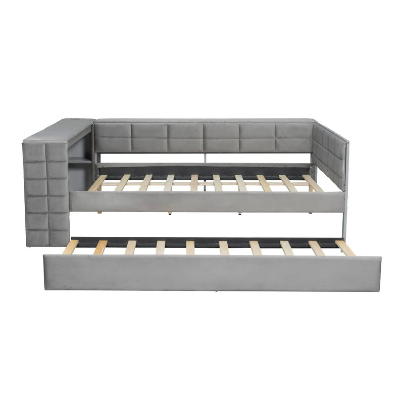 Upholstered Platform Bed With Storage Shelves, Desk, Charging Station And Trundle by Unique Piece Furniture