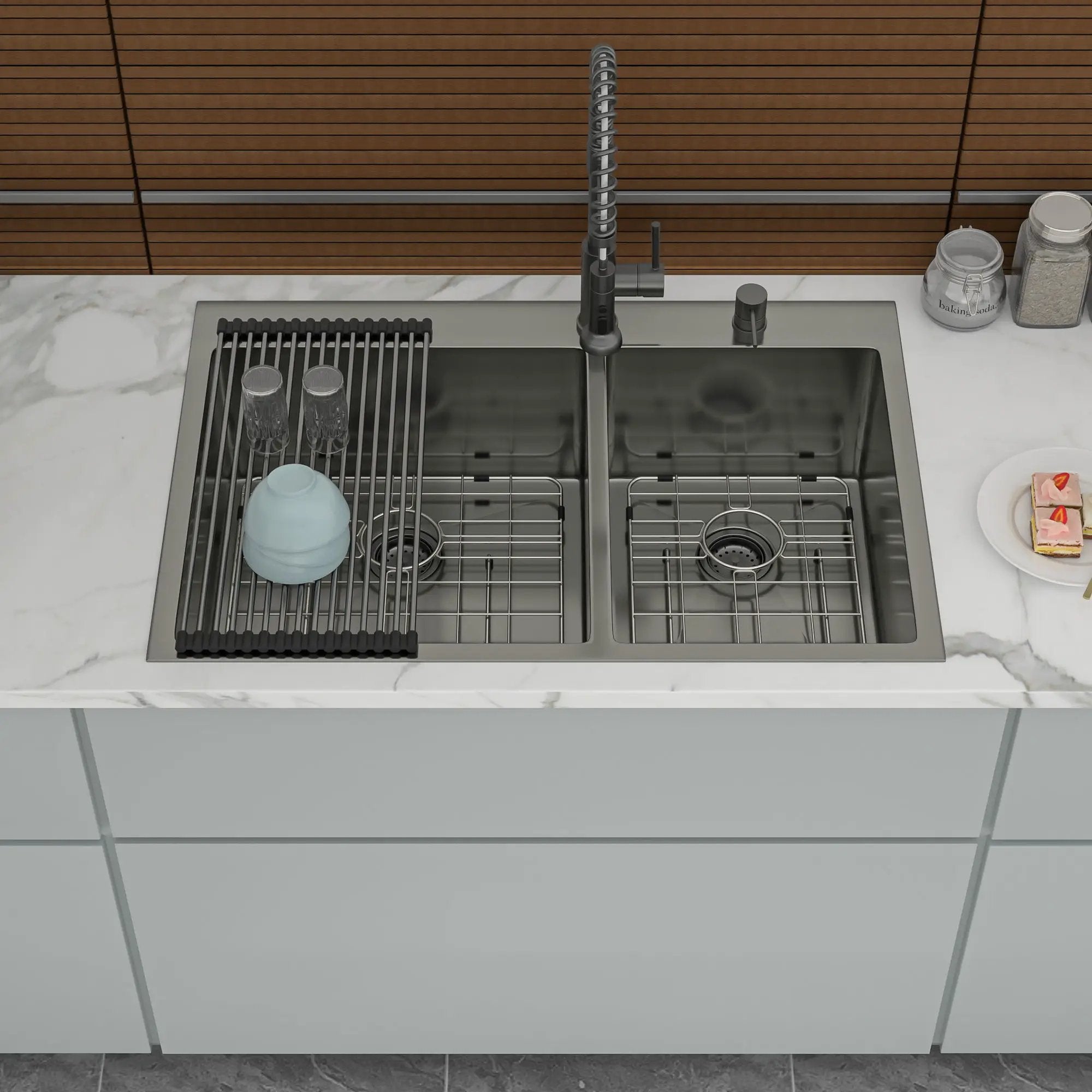 Double Bowl Kitchen Sink 16 Gauge 33" X 22" With 2 10" Deep Basins - Gunmetal Black by HouseOfZazla