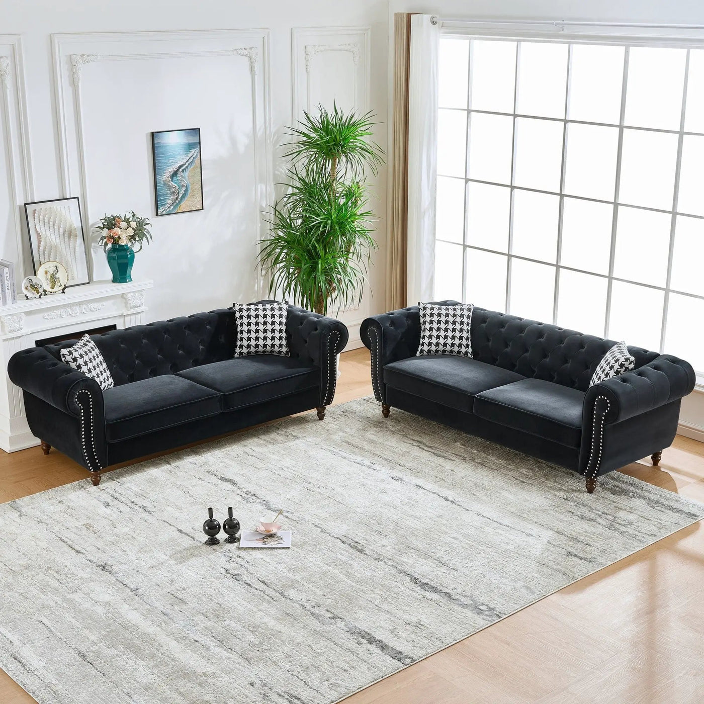 Chesterfield Upholstery Fabric Sofa With Roll Armrest & Nailhead, Mid Century Modern 3 And 3 Seater Couch by HouseOfZazla