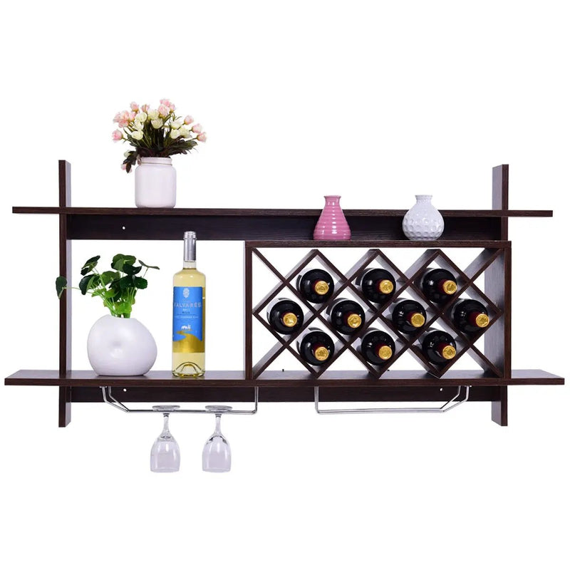 Wall Mount Wine Rack with Glass Holder & Storage Shelf-Walnut by DirectDeals