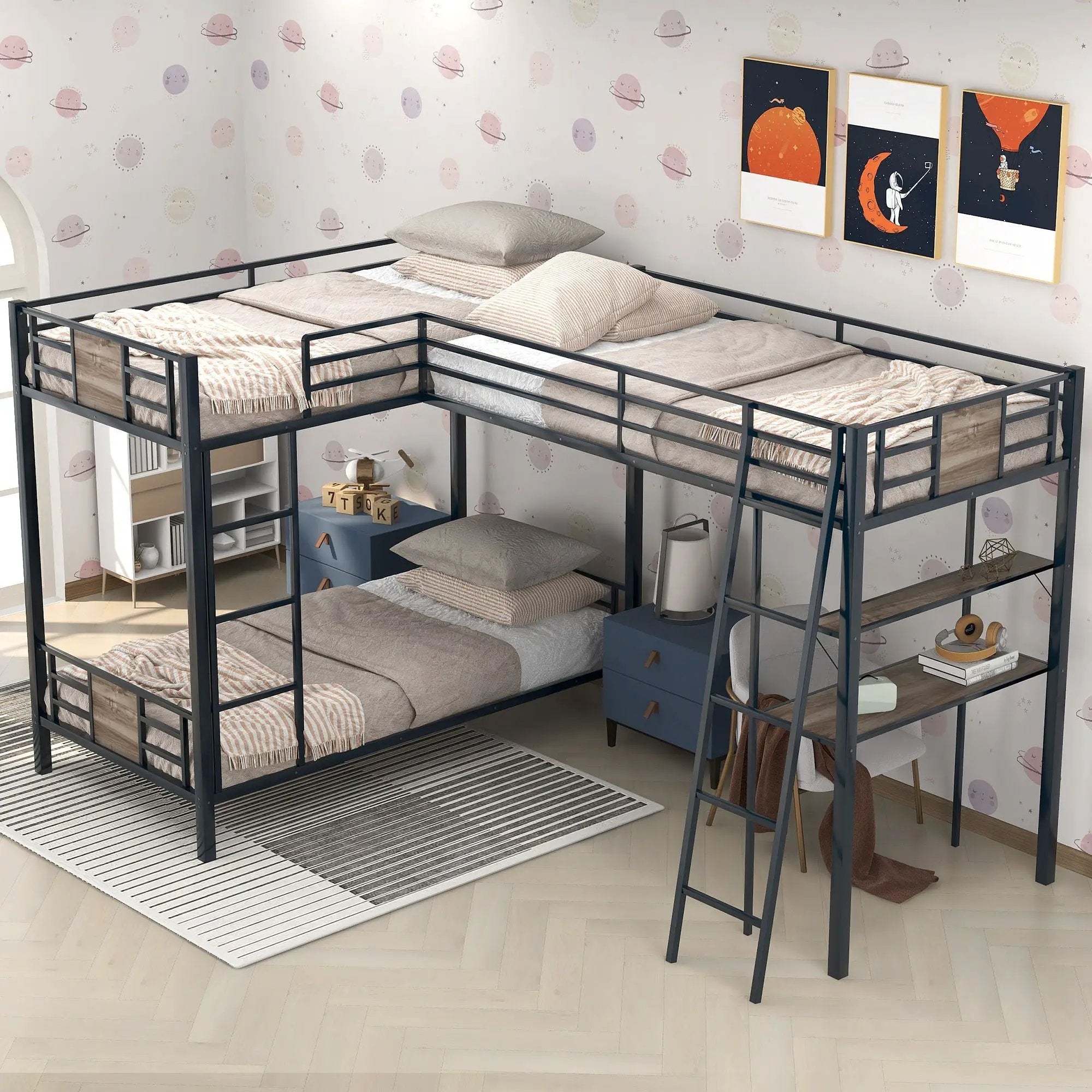 L-Shaped Twin Over Twin Bunk Bed With Twin Size Loft Bed With Desk And Shelf - Brown by HouseOfZazla