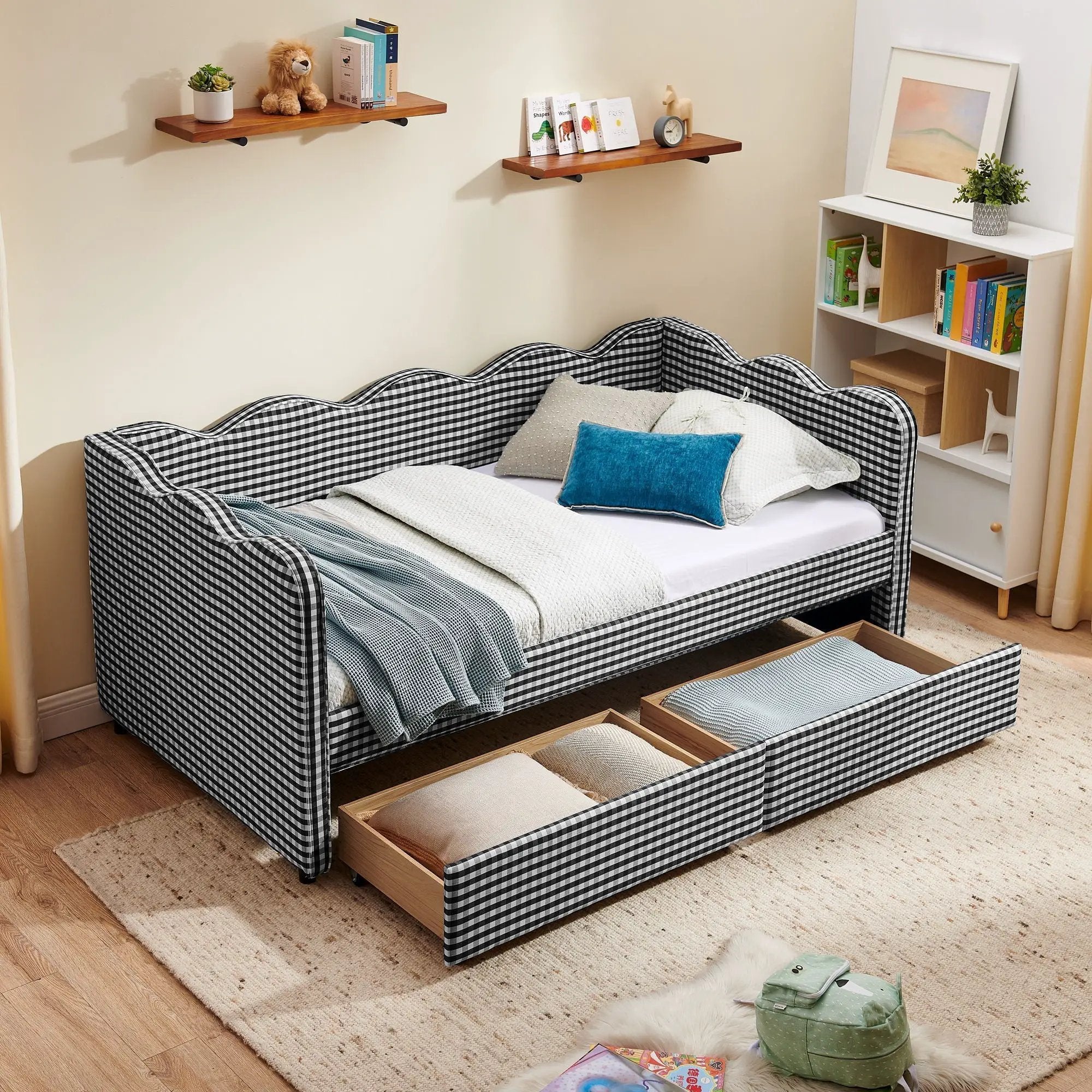 Gingham Daybed With USB Charging Port, Wave-Shaped Design by HouseOfZazla