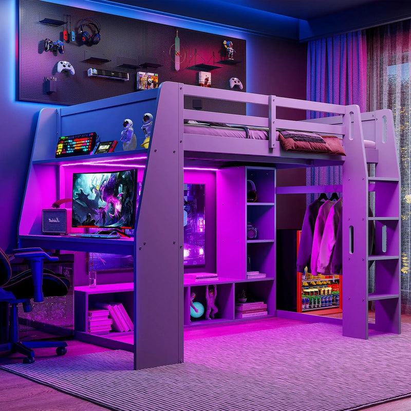 Full Size Gaming Loft Bed With Desk, Multi Storage Shelves, LED Lighting, And Hanging Clothes Rack - Gray by HouseOfZazla