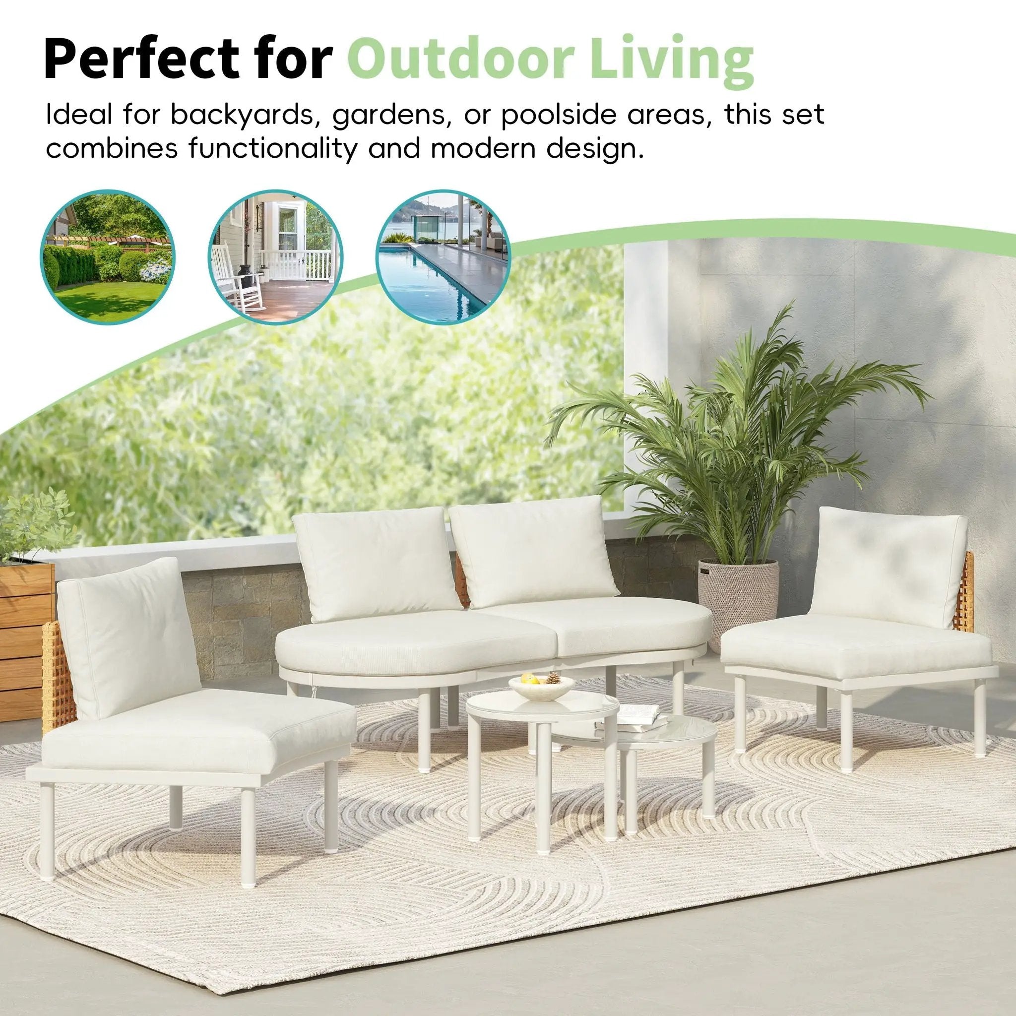6 Piece Patio Set, Half Moon Outdoor Sectional Sofa With 2 High Low Coffee Tables, 4 Pillows & Cushions by Unique Piece Furniture