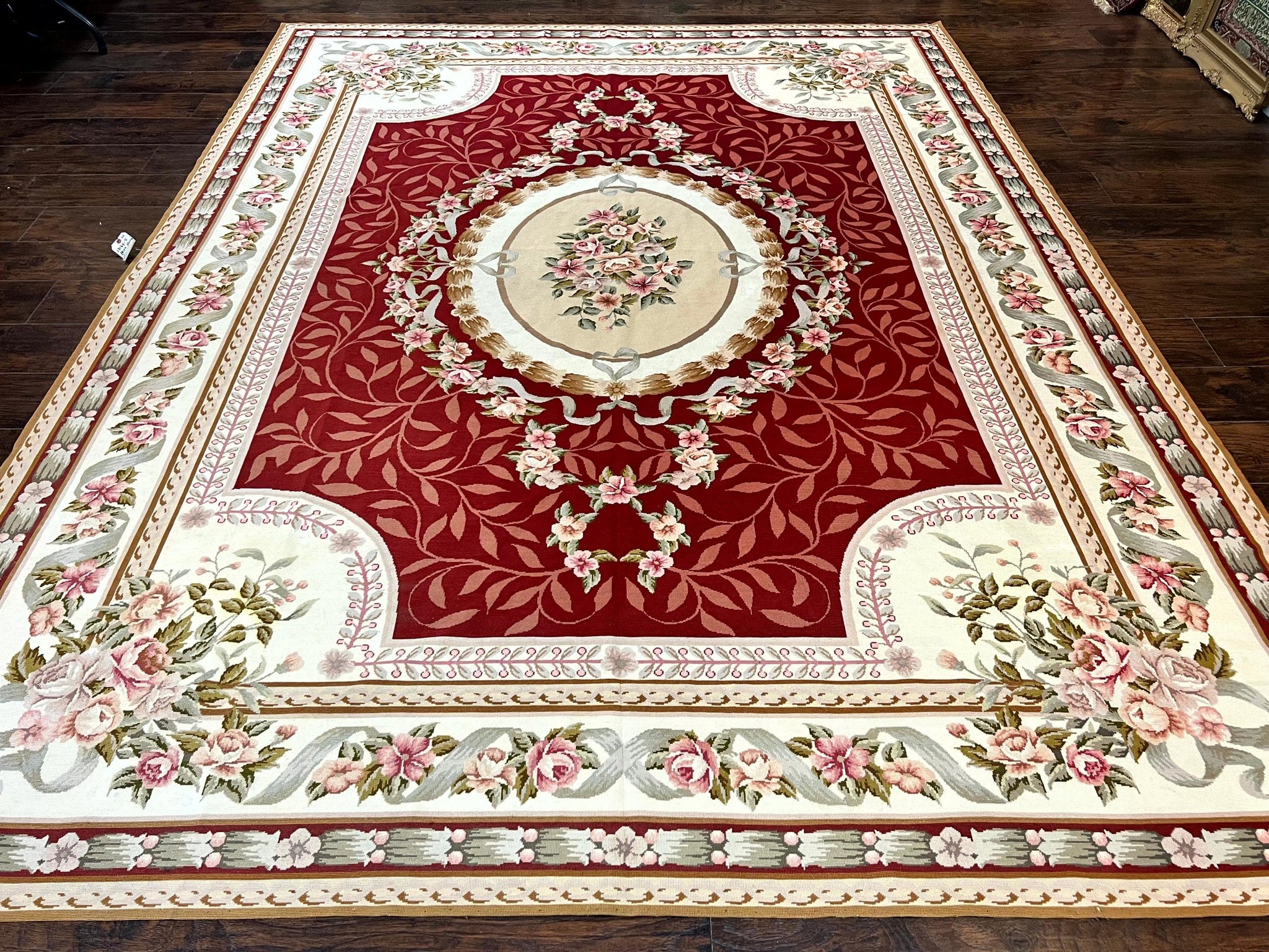 Wonderful Aubusson Rug 9x12, Handmade Vintage Needlepoint Carpet, Red and Ivory, Elegant European Design, Wool by Jewel Rugs