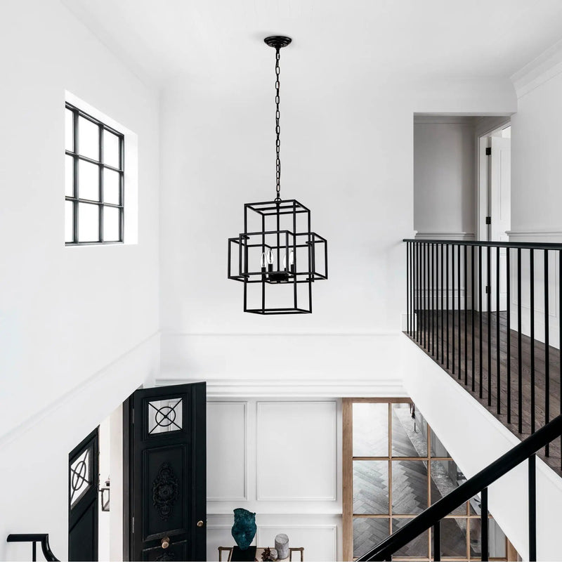 4 Light Metal Lantern Tiered Pendant Hanging Light Fixtures, Industrial Farmhouse Adjustable Height Chandeliers For Dining Room Hallway Foyer Entryway (E12 Bulbs Not Included) by HouseOfZazla