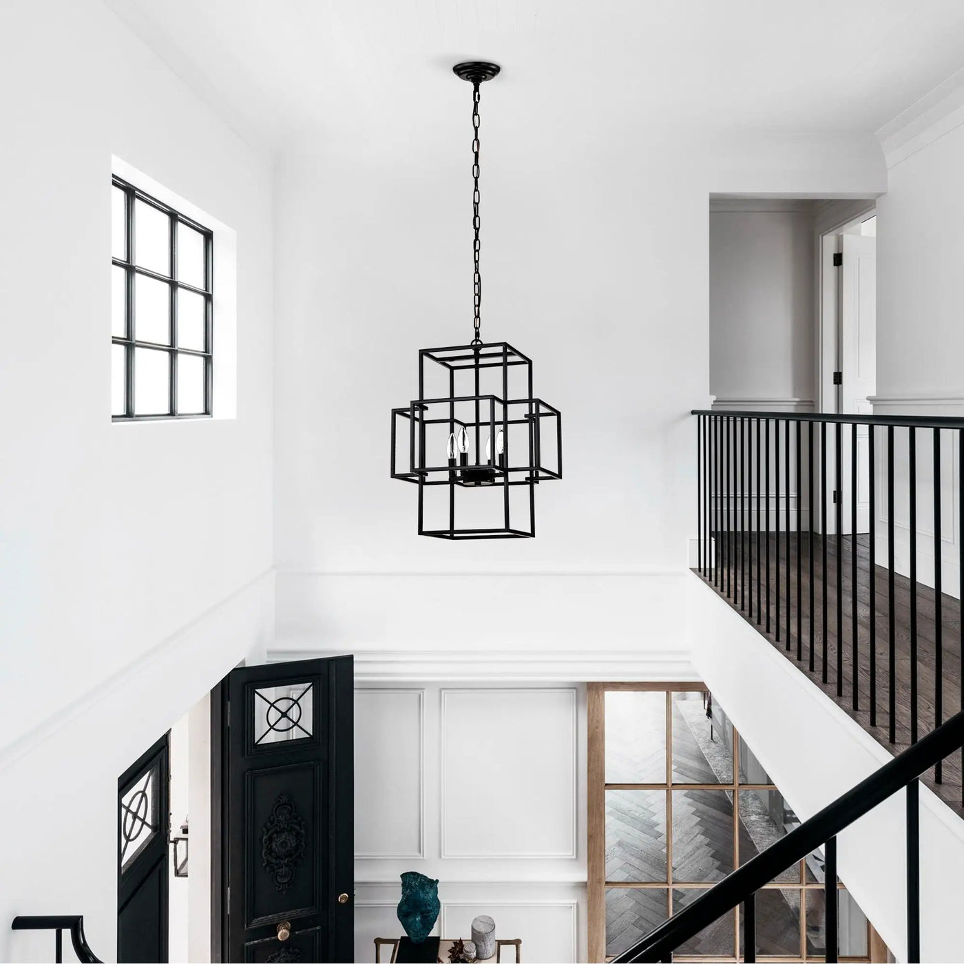 4 Light Metal Lantern Tiered Pendant Hanging Light Fixtures, Industrial Farmhouse Adjustable Height Chandeliers For Dining Room Hallway Foyer Entryway (E12 Bulbs Not Included) by Unique Piece Furniture
