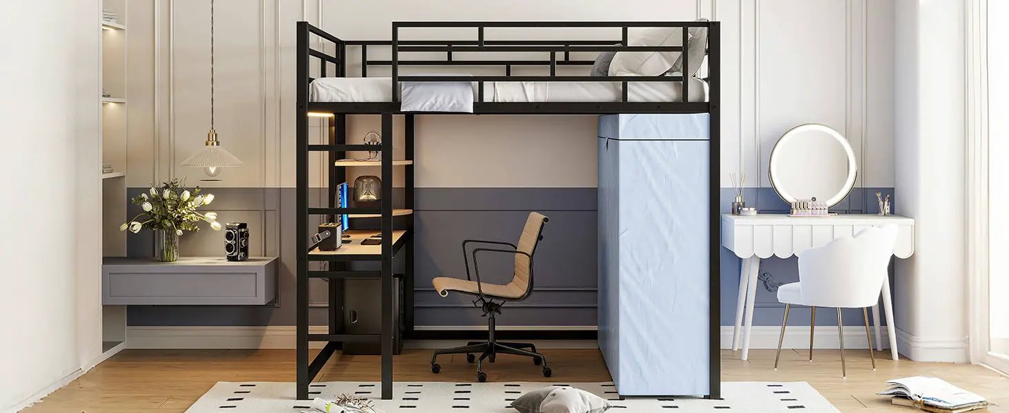 Loft Bed With Desk, Shelves, Power Outlet, LED Light And Wardrobe by HouseOfZazla