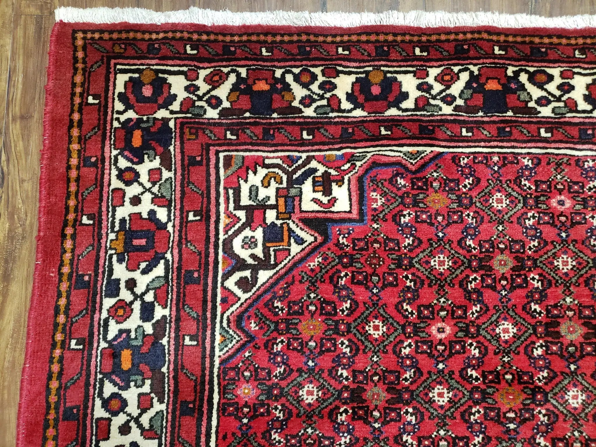 Vintage Persian Hamedan Rug 7x10, Angelas Mahi Pattern, Red, Wool, Hand-Knotted by Jewel Rugs