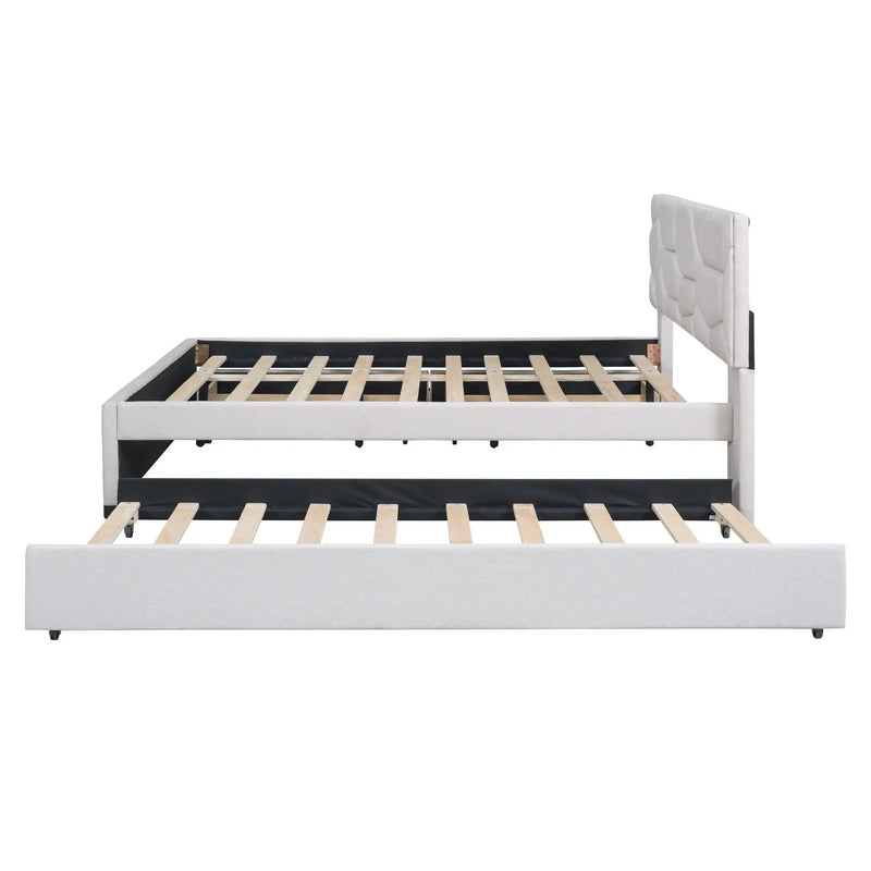 Upholstered Platform Bed With Brick Pattern Headboard And Twin Long Size Trundle by Unique Piece Furniture