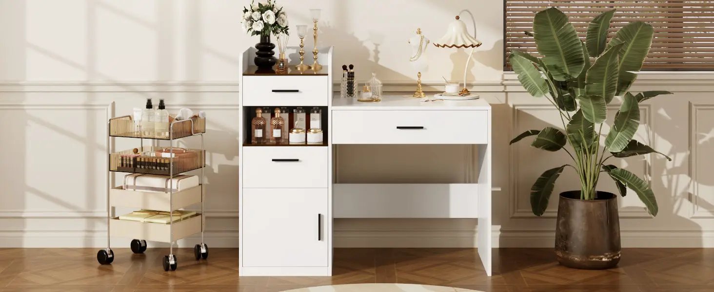 3-in-1 Vanity Desk with Flip Top Mirror, Glass Top Compact Makeup Vanity & Hidden Storage by HouseOfZazla