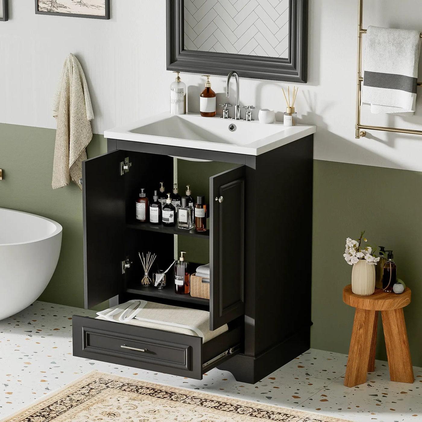 Bathroom Vanity With Ceramic Sink Combo, Modern Freestanding Storage Cabinet With Silver Handles by Unique Piece Furniture