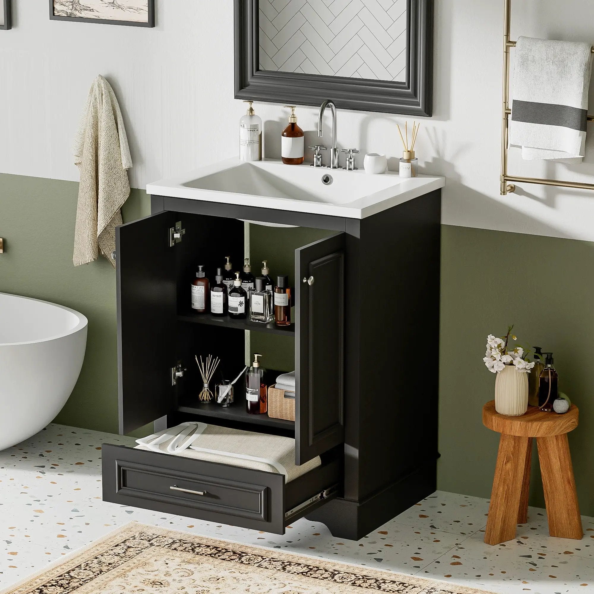 Bathroom Vanity With Ceramic Sink Combo, Modern Freestanding Storage Cabinet With Silver Handles by Unique Piece Furniture