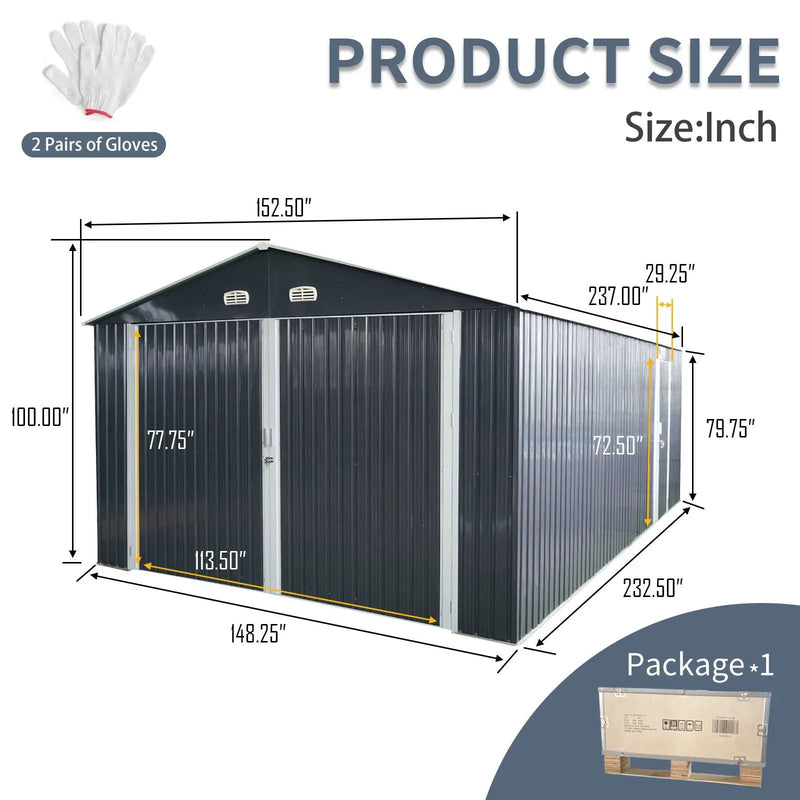 Outdoor Storage Shed Metal Garage Shed For Car, Bike, Lawnmower Backyard Tool House Building 2 Doors And 4 Vents - Black by HouseOfZazla