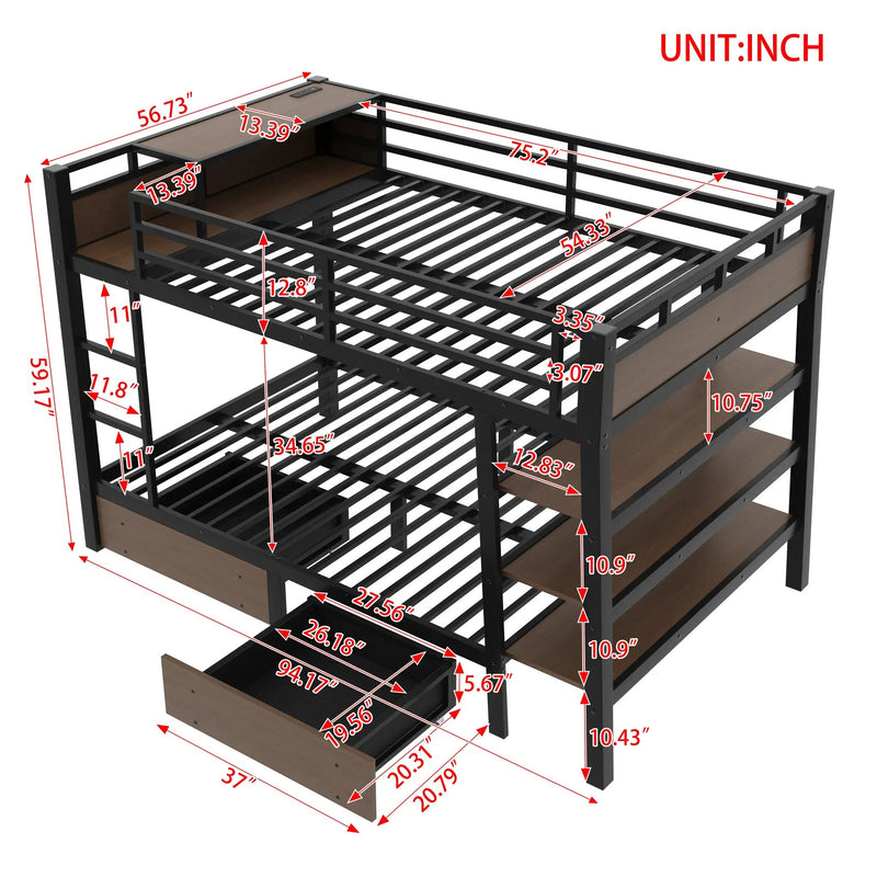 Full Size Metal Bunk Bed with Storage Shelves and USB Power Strip by HouseOfZazla