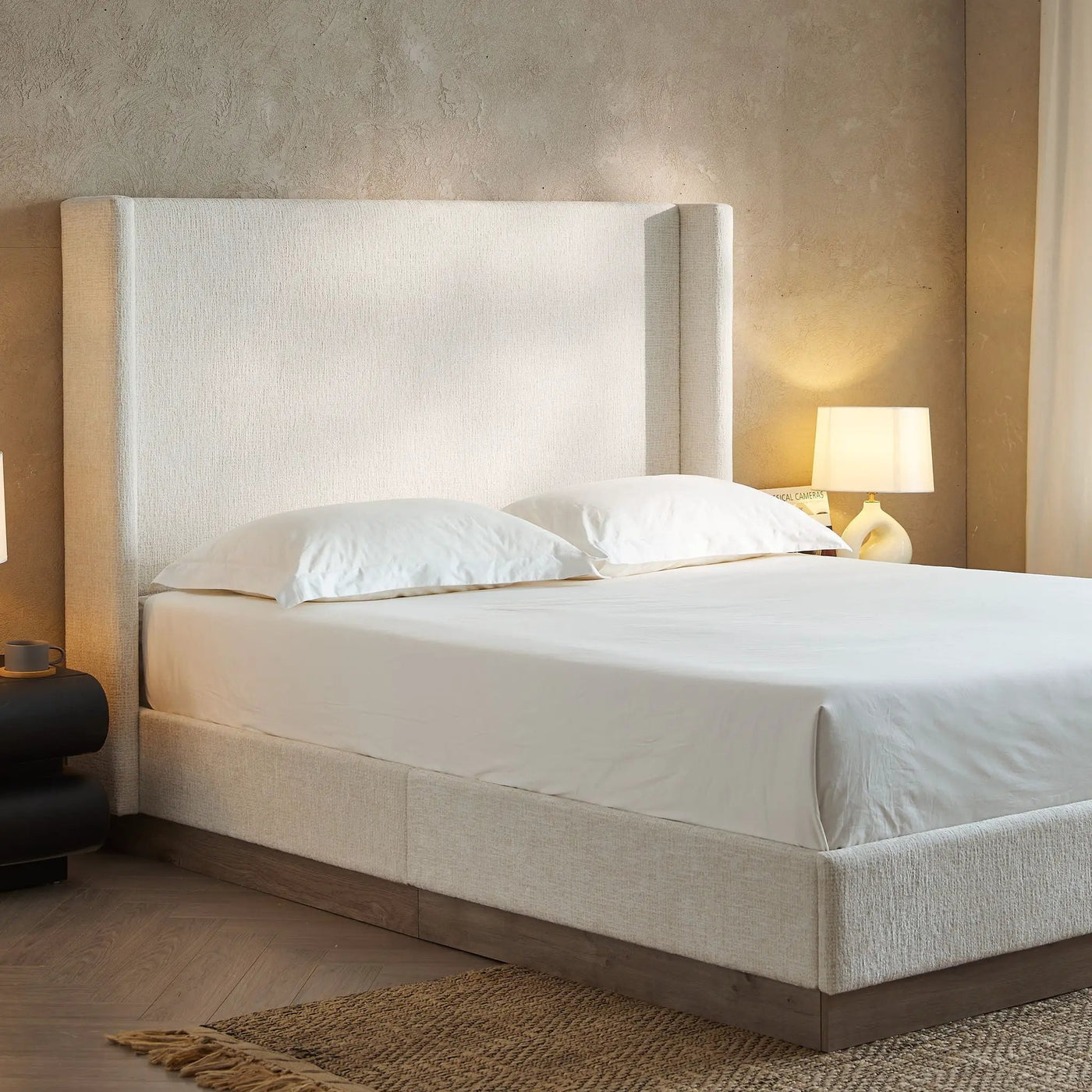 Hosford - Minimalist Upholstered Wingback Bed With Wood Base Platform by HouseOfZazla