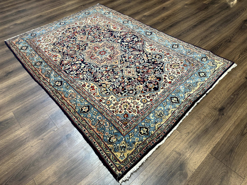 Persian Qum Rug 5x7 in Navy Light Blue and Ivory, Wool wilh Silk Highlights, 225 KPSI by Jewel Rugs