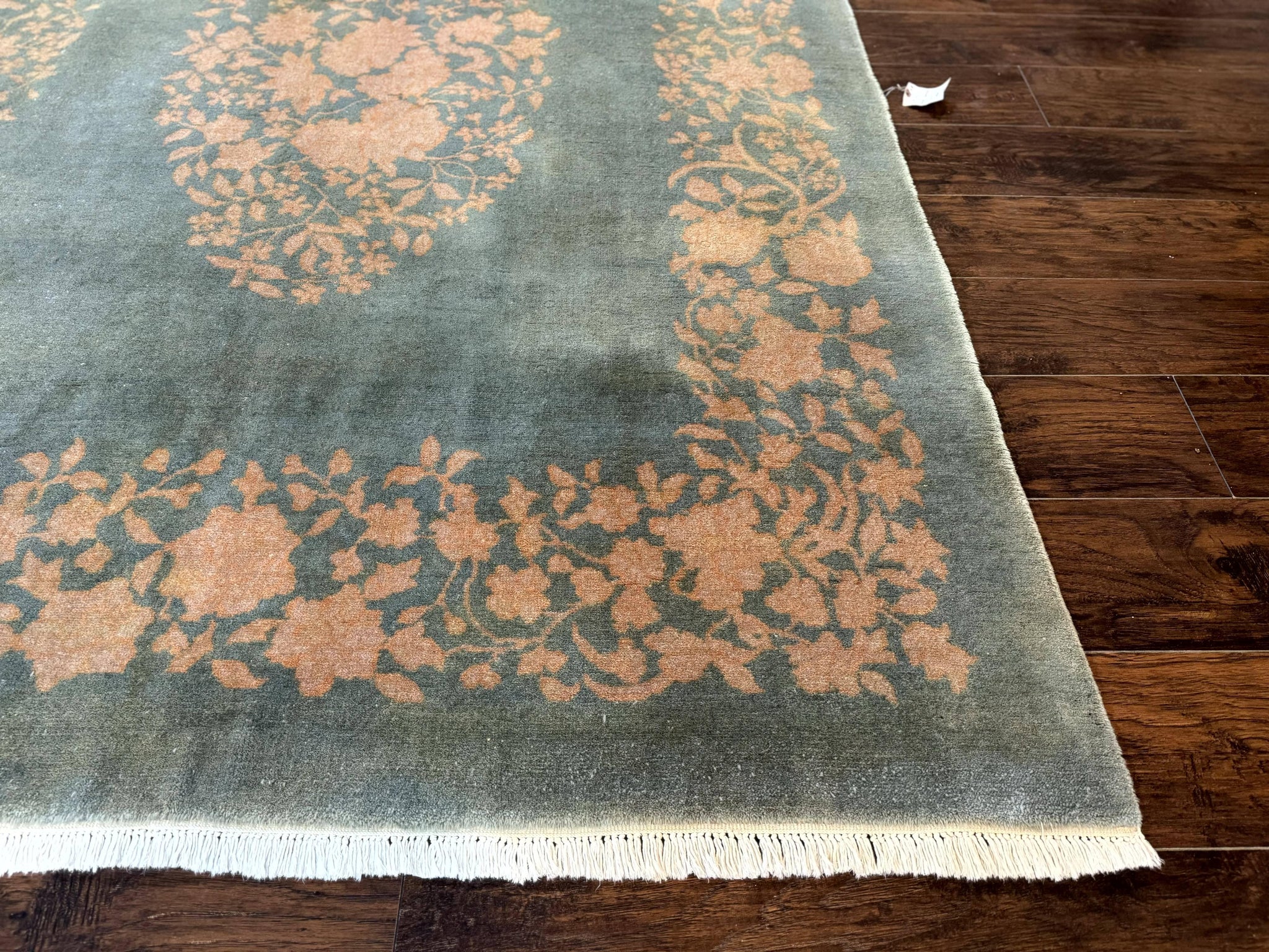 Teal Chinese Wool Rug 6x8, Vintage Handmade Carpet, Floral, Semi Open Field by Jewel Rugs